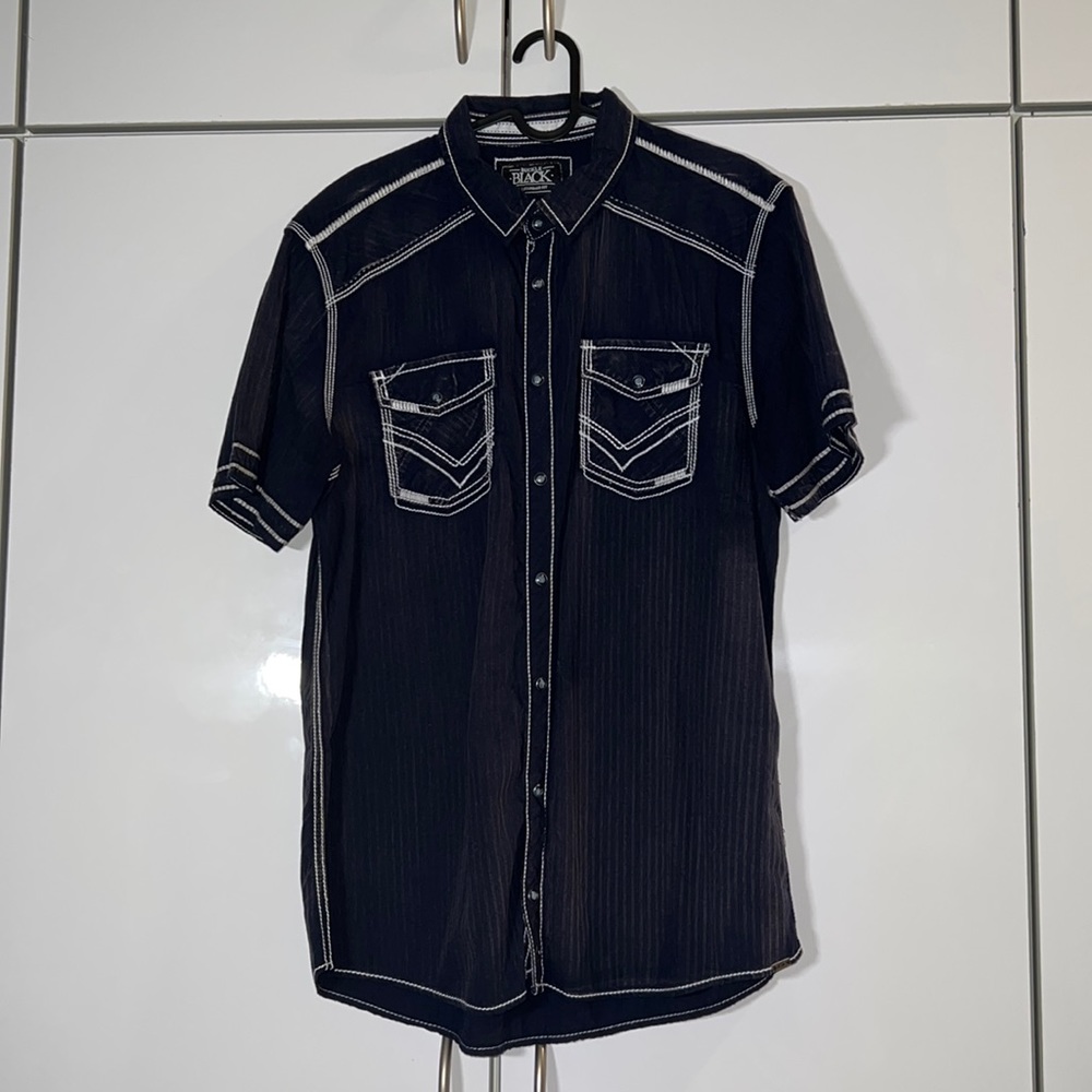 Buckle Black Button Up Short Sleeve Mens Large